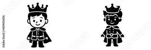Cute prince character icon set in black and white silhouette style for children's stories and fairy tale themes