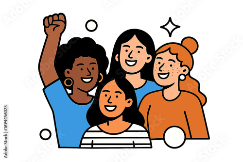 Diverse group of women standing together for empowerment and feminism with one raising a fist in protest and solidarity