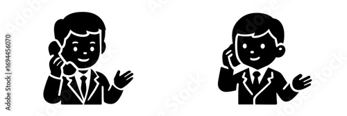 Icon set of a businessman talking on the phone for business communication, customer service, and support concepts in a silhouette style