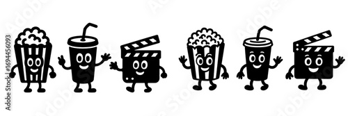 Set of cartoon cinema characters including popcorn, soda cup, and clapperboard mascots with happy faces and waving hands in a simple black and white silhouette style