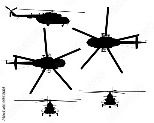 Black and white military helicopter silhouettes against a clean white background, showcasing aviation power and simplicity.