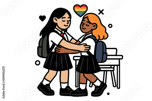Two diverse female students in school uniforms sharing a loving hug with a rainbow pride heart symbol above them