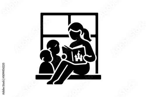 Silhouette icon of a mother reading a fairy tale storybook to her two young children while sitting on a windowsill