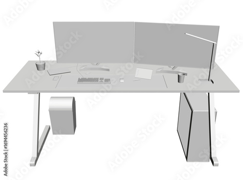 Polygonal computer setup with dual monitors, keyboard, mouse, potted plant, and lamp on an animated desk in motion.