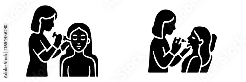 Otolaryngologist and patient solid icons for ENT clinic showing ear examination with an otoscope and throat checkup