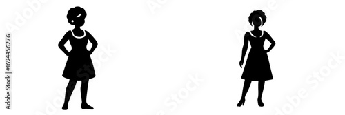 Black silhouettes of two women in dresses standing in confident poses with hands on hips isolated on a white background
