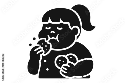 Black and white icon of a young girl with a ponytail eating chocolate chip cookies, a simple glyph representing snacking and childhood