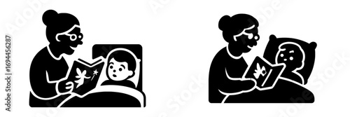 Grandmother reading a bedtime story to a child in bed black glyph icon set for family care and childhood imagination