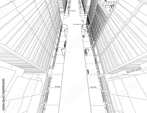 Black and white contour drawing of a city street with tall buildings, providing a detailed view of the urban cityscape.