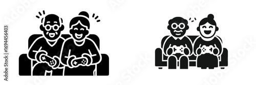 Senior couple playing video games glyph icon set for family entertainment and active retirement lifestyle