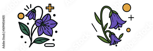 Two modern purple bluebell flower designs with abstract geometric shapes and bold outlines in a minimalist graphic style