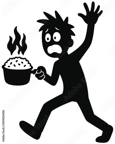 Cartoon Silhouette of Man Panicking While Carrying a Hot Smoking Pot