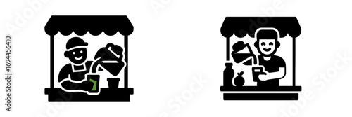 Street vendor pouring juice at a market stall icon set, black and white glyph symbol for small business and fresh drinks
