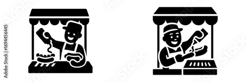 Hot dog stand vendor icon set with a man preparing street food and adding condiments to a sausage in a bun