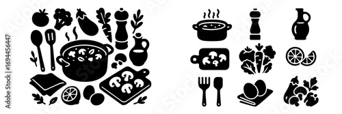 Set of black silhouette cooking icons featuring fresh vegetables, kitchen utensils, and food preparation elements for culinary design