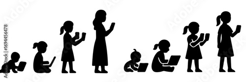 Black silhouettes showing the evolution of a female from baby to woman, depicting different life stages and her relationship with digital technology like smartphones and laptops