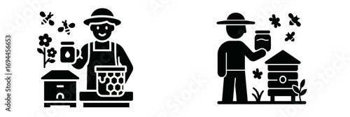 Beekeeper and apiarist glyph icons for beekeeping and honey production, featuring a farmer with a beehive, honeycomb, and bees