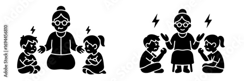 Black glyph icon set of a grandmother mediating a conflict between two angry children, a boy and a girl, who are fighting and upset over a family argument