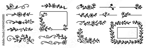 Set of hand-drawn floral dividers and calligraphic frames with botanical swirls for elegant page decoration