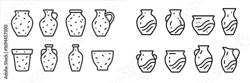 A diverse collection of ancient pottery line icons featuring various vases, jugs, and amphorae with simple decorative patterns