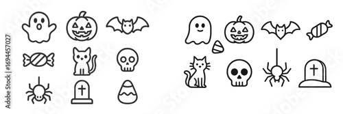 Halloween line icon set with ghost, pumpkin, bat, skull, and candy symbols for spooky holiday decoration and design