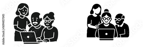 Younger woman teaching a senior couple how to use a laptop computer for digital literacy and family support