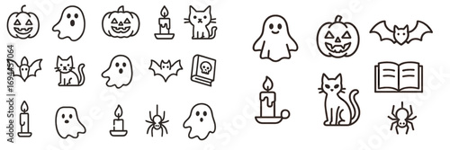 Halloween line icon set with pumpkin, ghost, cat, and bat symbols for spooky holiday design elements on a white background