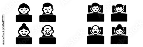 People of different ages and genders sleeping and resting, showing various expressions related to sleep cycles, insomnia, and peaceful dreams