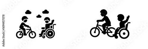 Inclusive friendship concept with a child on a bicycle and a disabled child in a wheelchair playing together outdoors as a silhouette icon set