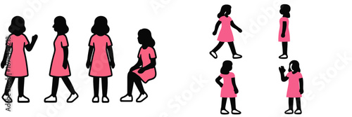 Character set of a young girl in a pink dress shown in various poses and actions like standing, walking, sitting, and waving from different angles