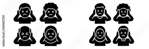Diverse set of people icons covering ears to block out loud noise, glyphs representing headache, stress, and sensory overload