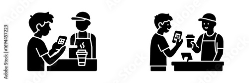 Customer paying for coffee with a smartphone QR code at a cafe counter with a barista, contactless payment technology icon set