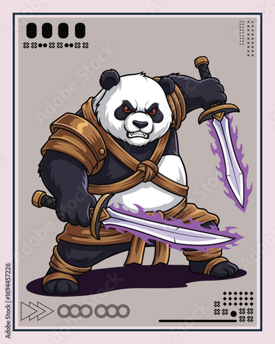 A fierce warrior panda wielding two glowing swords.