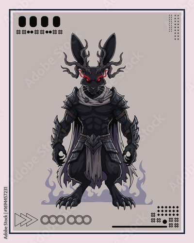 An anthropomorphic black rabbit warrior in ornate dark armor with glowing red eyes and antlers, presented on a stylized card.