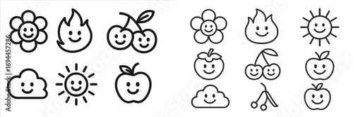 Set of cute kawaii character icons with smiling faces including flower, fire, cherry, cloud, sun, and apple in a simple black and white line art style