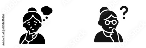 Collection of thoughtful and confused people icons with question marks and speech bubbles representing contemplation and uncertainty