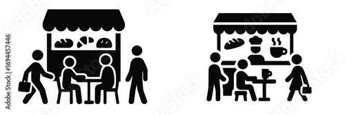 Icon set of people at an outdoor cafe and street food stall with customers eating at a table and a barista serving coffee and bread