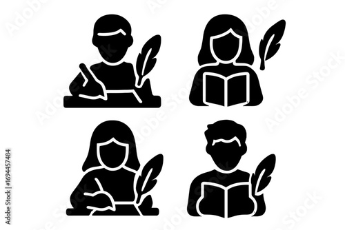 Set of black glyph icons representing writers and readers with quill pens and books for literature or education