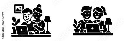 Couple working together on a laptop computer at home black glyph icon set for remote work or online browsing