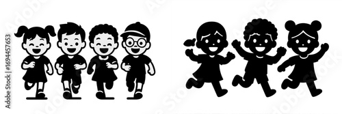 Group of happy children running together in black and white icon and silhouette style for friendship and childhood concepts