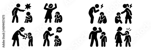 Icon set illustrating child abuse and domestic violence with angry parents yelling at a sad, scared child