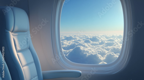 Close-up side view of an empty airplane seat by the window, looking out a sky filled with numerous clouds.