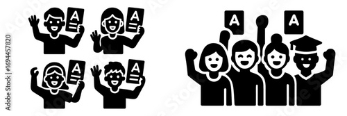 Set of black icons showing happy students celebrating A grade test results and a group of graduates achieving academic success