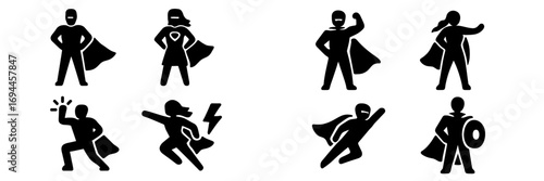 Superhero icon set with male and female characters in various action poses like flying, standing strong, and using powers, black silhouettes isolated on a white background
