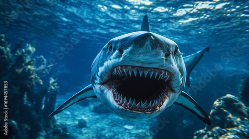 Shark swimming underwater with its mouth wide open, revealing sharp and terrifying teeth as it prepares to devour its prey.