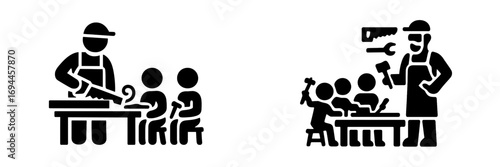 Black glyph icons of a carpentry workshop with an instructor teaching students woodworking skills like sawing and using a hammer