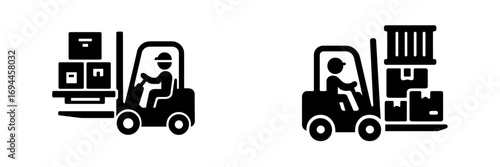 Forklift operator icon set for warehouse logistics and cargo handling, featuring a driver moving boxes and pallets on a lift truck