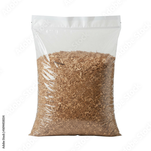 Packaged wood shavings in transparent plastic bag  