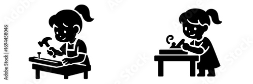 Young girl doing woodworking with a hammer and hand plane on a workbench, engaged in a DIY craft hobby and learning new skills