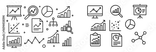 Data analysis and statistics line icon set with charts, graphs, and diagrams for business reports and presentations